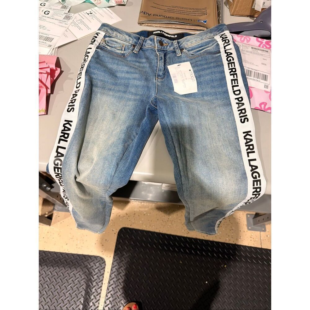 KARL LAGERFELD PARIS Contrast Logo Taping Denim Jeans Blue 4 - Picture 5 of 5